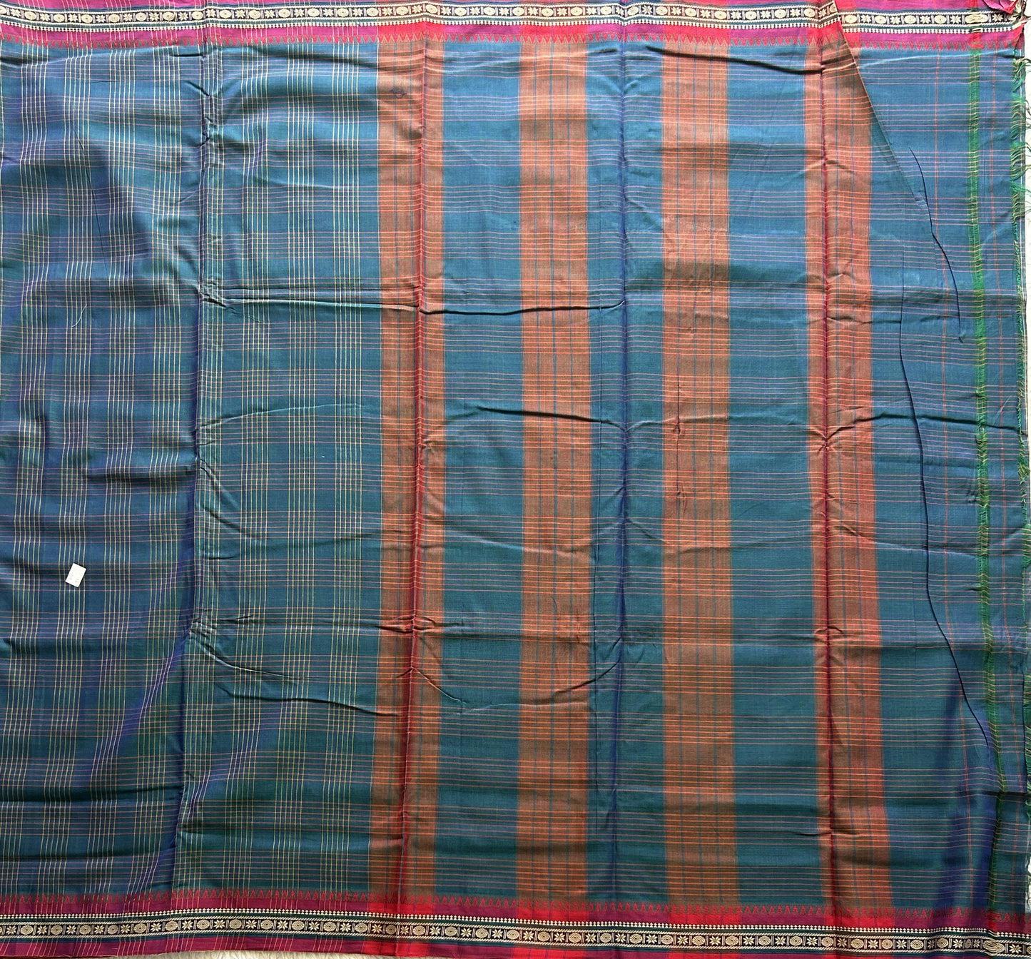 Narayanpet Cotton Checks Saree Dark Turquoise Blue Colored Complemented with a Thread Border. - Sampradaya Designer Studio