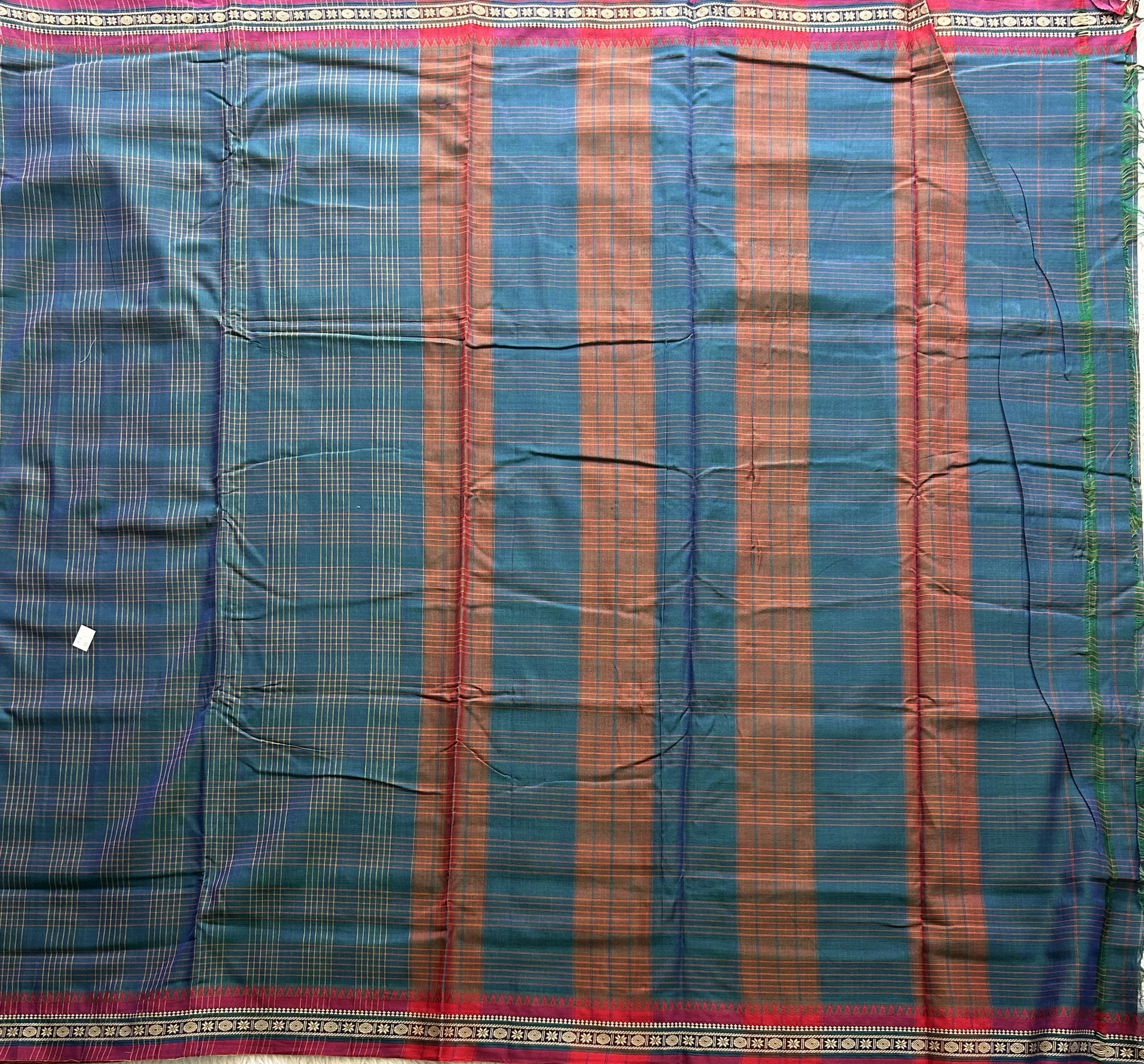 Narayanpet Cotton Checks Saree Dark Turquoise Blue Colored Complemented with a Thread Border. - Sampradaya Designer Studio