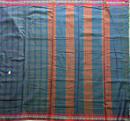 Narayanpet Cotton Checks Saree Dark Turquoise Blue Colored Complemented with a Thread Border. - Sampradaya Designer Studio