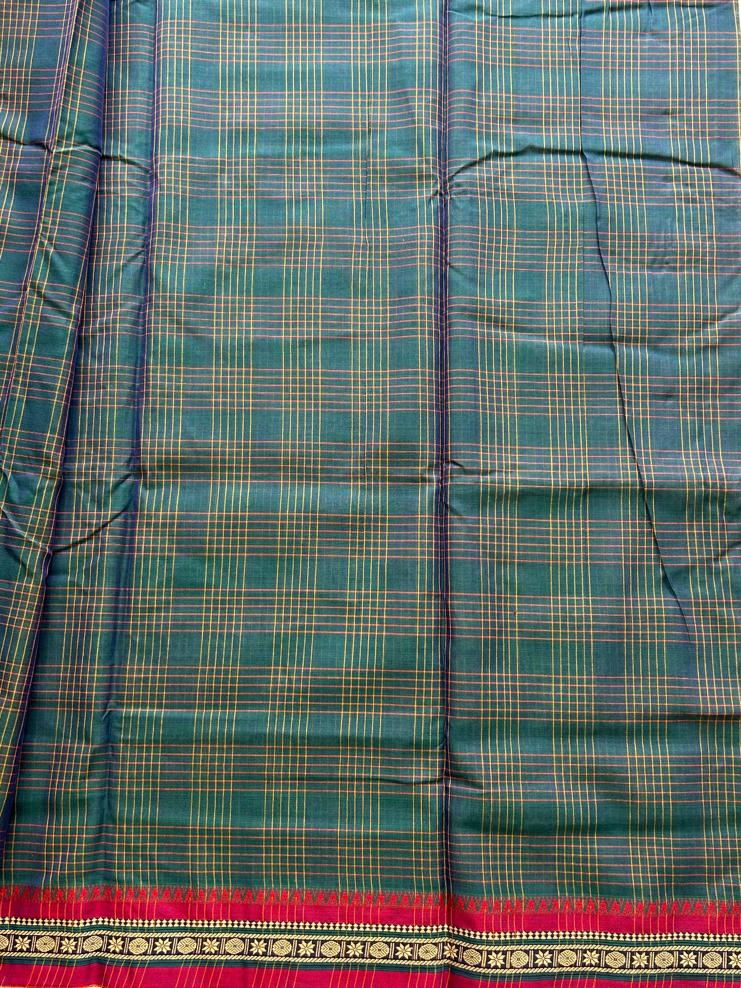 Narayanpet Cotton Checks Saree Dark Turquoise Blue Colored Complemented with a Thread Border. - Sampradaya Designer Studio