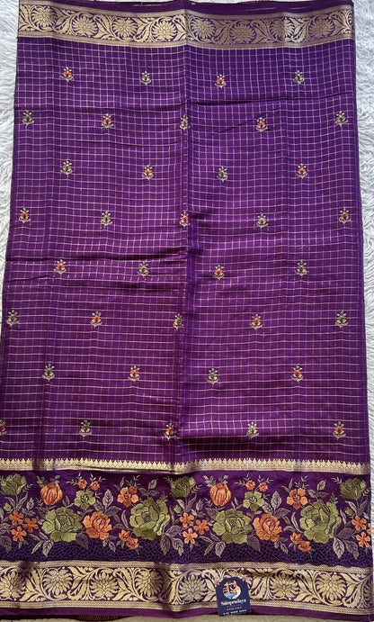 Semi Georgette Checks Saree Violet Colored Complemented with a Cutwork Border. - Sampradaya Designer Studio