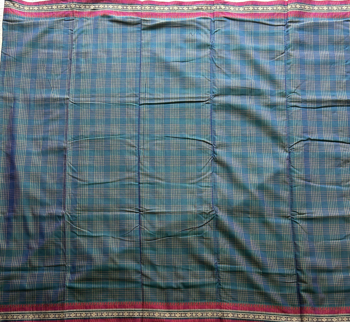 Narayanpet Cotton Checks Saree Dark Turquoise Blue Colored Complemented with a Thread Border. - Sampradaya Designer Studio