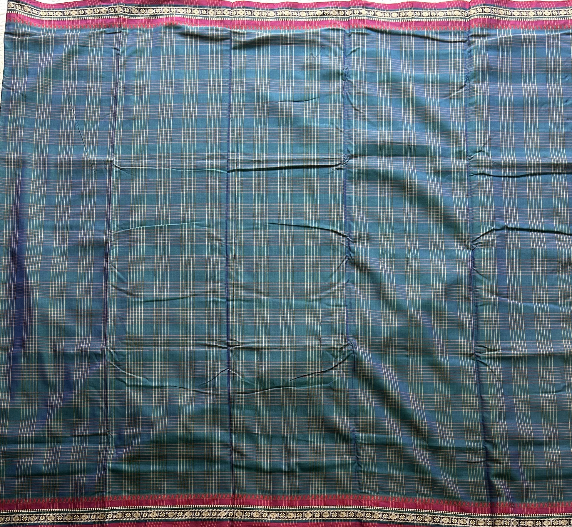 Narayanpet Cotton Checks Saree Dark Turquoise Blue Colored Complemented with a Thread Border. - Sampradaya Designer Studio