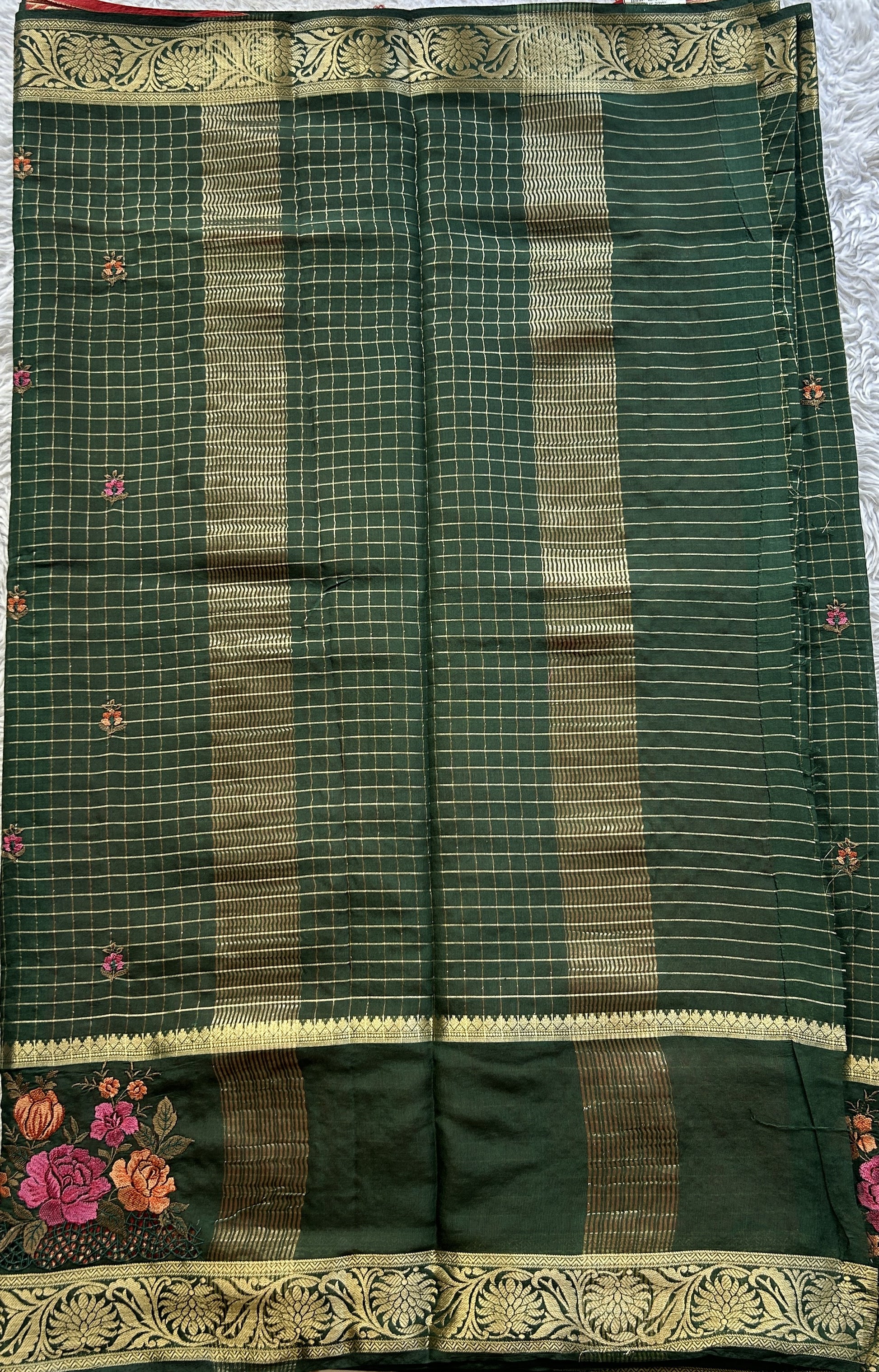 Semi Georgette Checks Saree Bottle Green Colored Complemented with a Cutwork Border. - Sampradaya Designer Studio