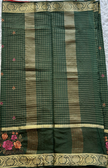 Semi Georgette Checks Saree Bottle Green Colored Complemented with a Cutwork Border. - Sampradaya Designer Studio