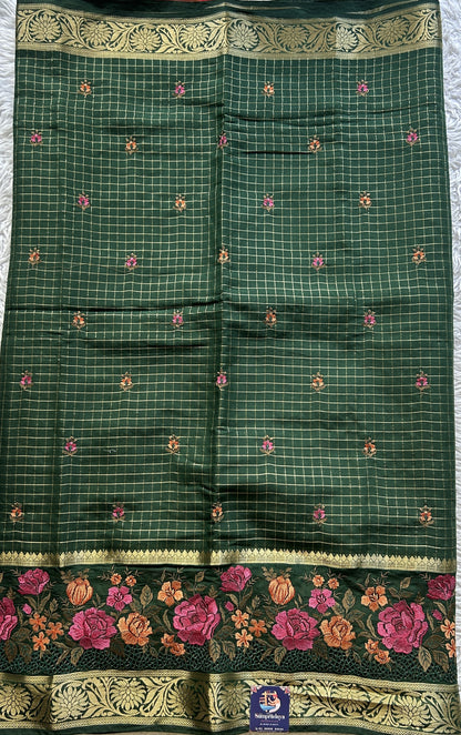 Semi Georgette Checks Saree Bottle Green Colored Complemented with a Cutwork Border. - Sampradaya Designer Studio