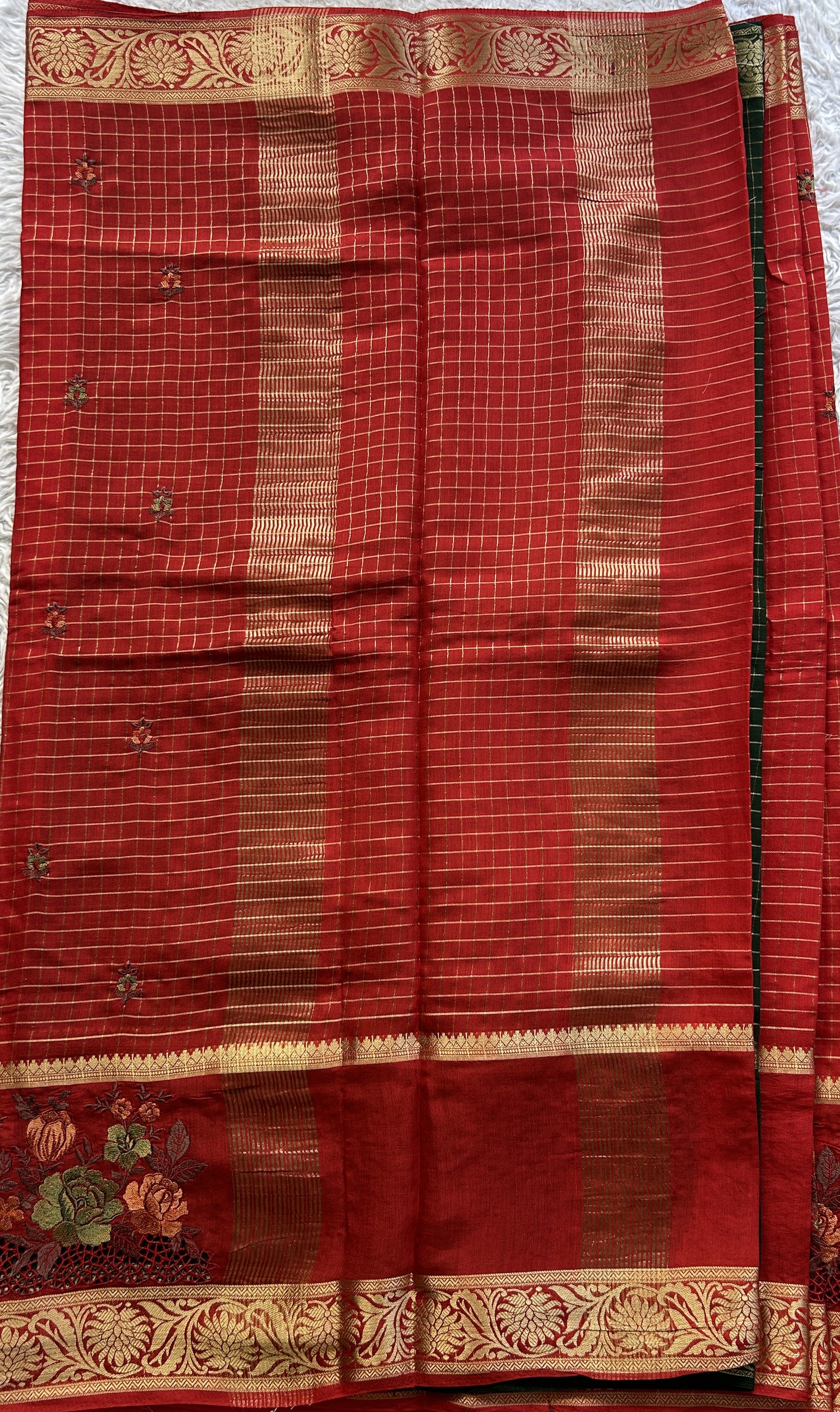 Semi Georgette Checks Saree Red Colored Complemented with a Cutwork Border. - Sampradaya Designer Studio