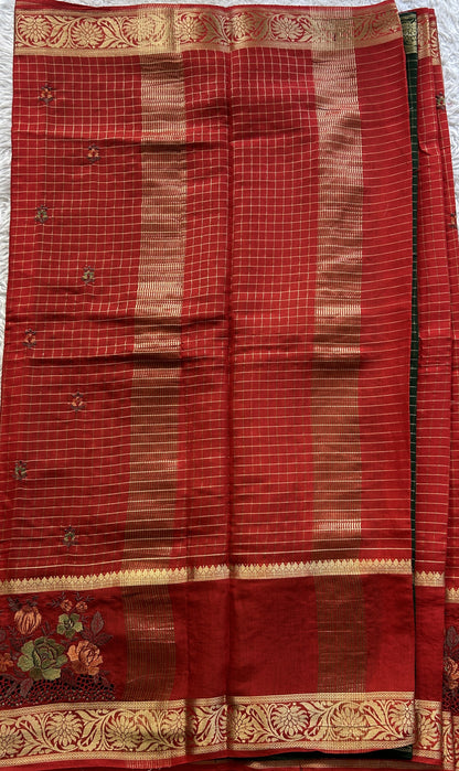 Semi Georgette Checks Saree Red Colored Complemented with a Cutwork Border. - Sampradaya Designer Studio