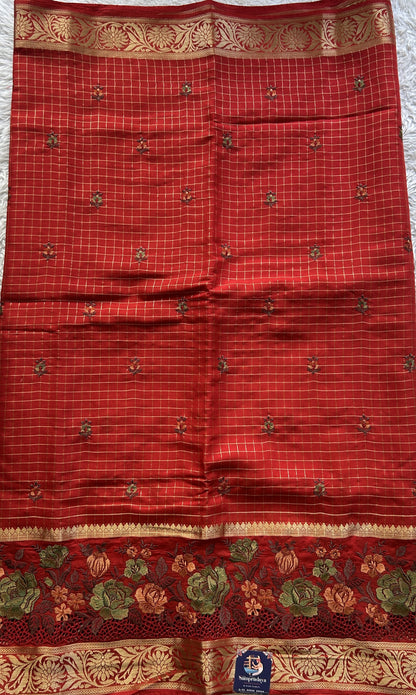 Semi Georgette Checks Saree Red Colored Complemented with a Cutwork Border. - Sampradaya Designer Studio