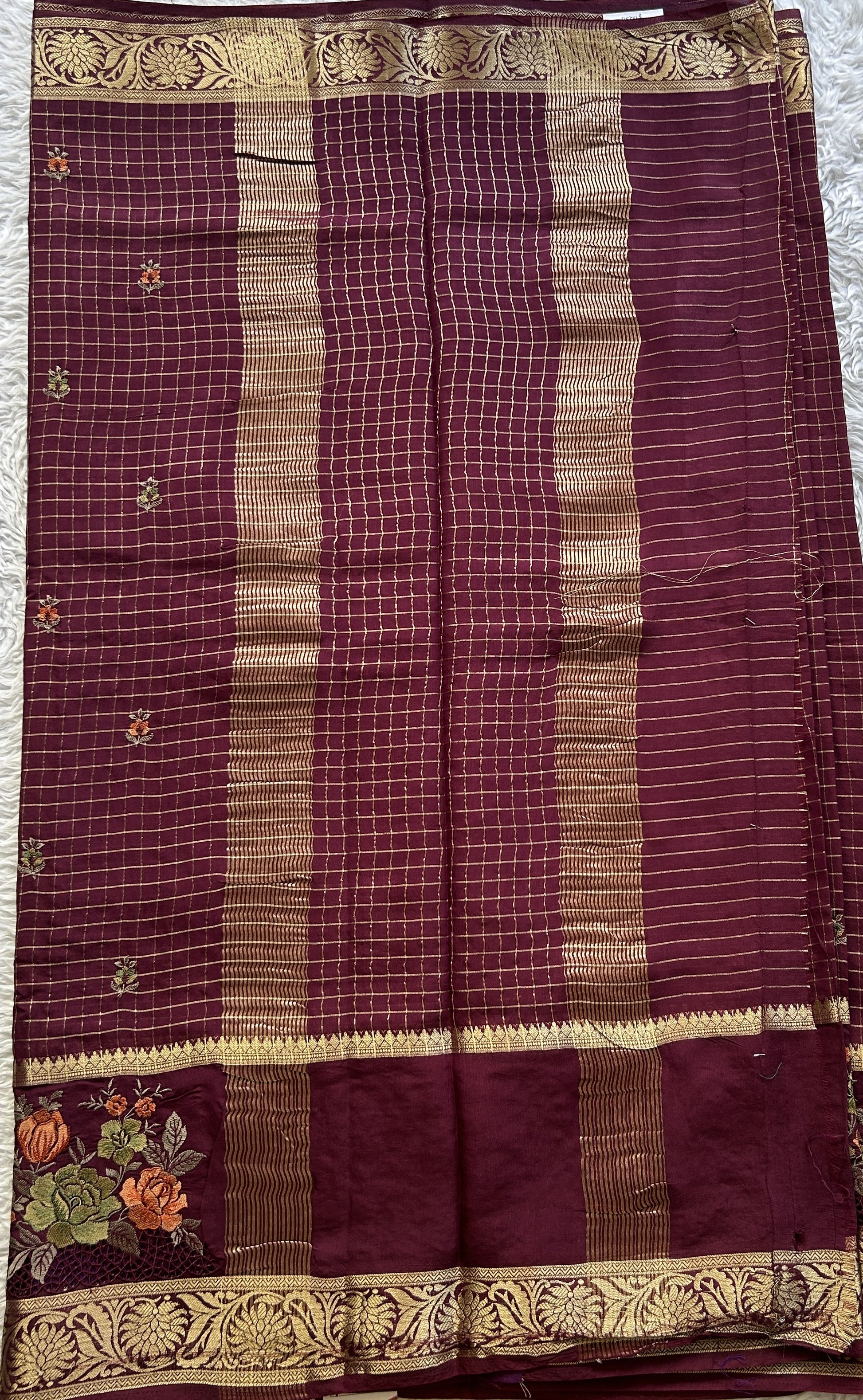Semi Georgette Checks Saree Burgundy Colored Complemented with a Cutwork Border. - Sampradaya Designer Studio