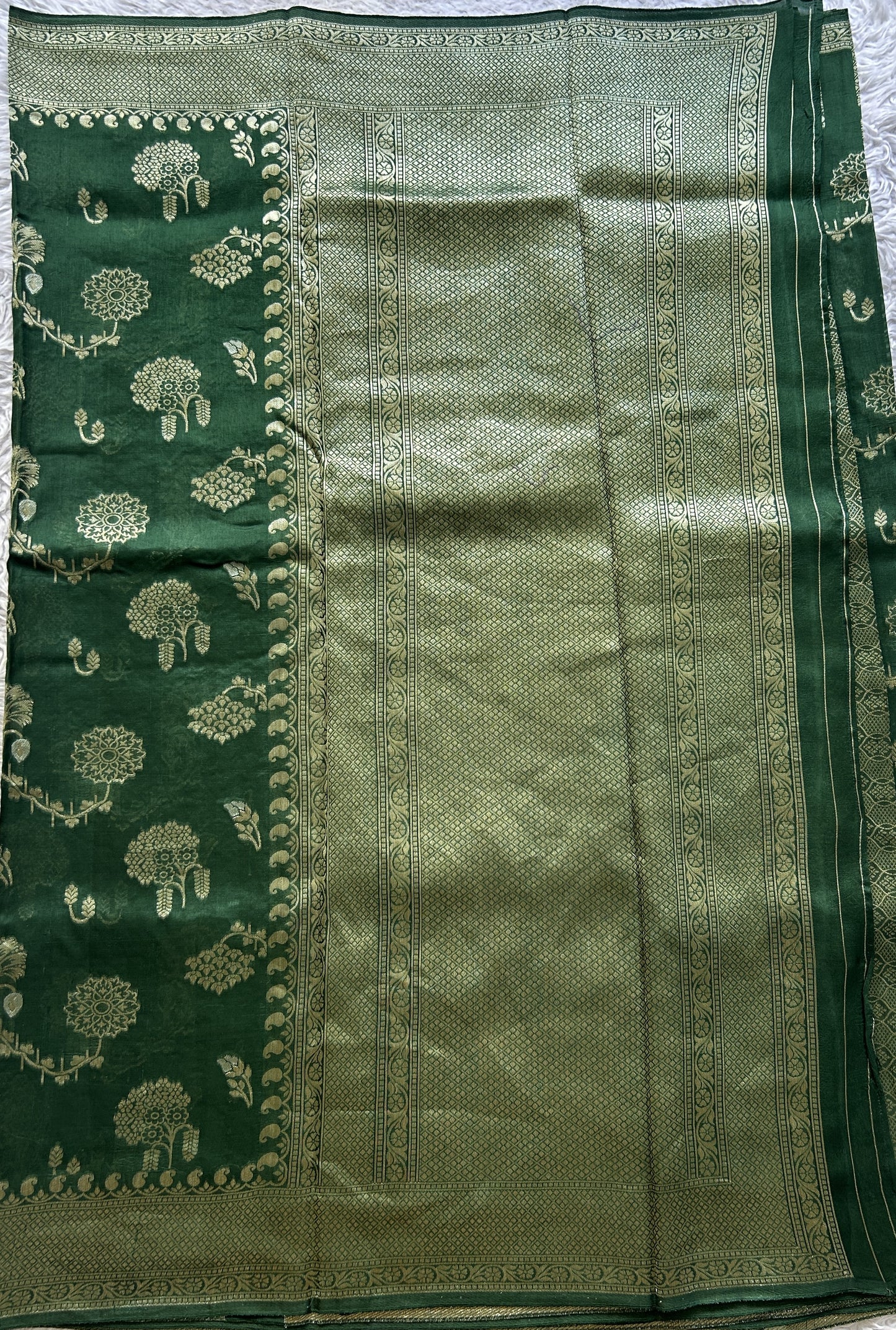 Banarasi Tussar Georgette Saree Green Colored Exquisite Zari Border. - Sampradaya Designer Studio