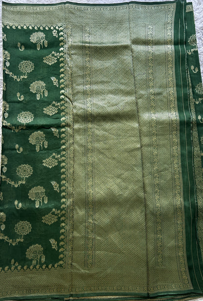 Banarasi Tussar Georgette Saree Green Colored Exquisite Zari Border. - Sampradaya Designer Studio
