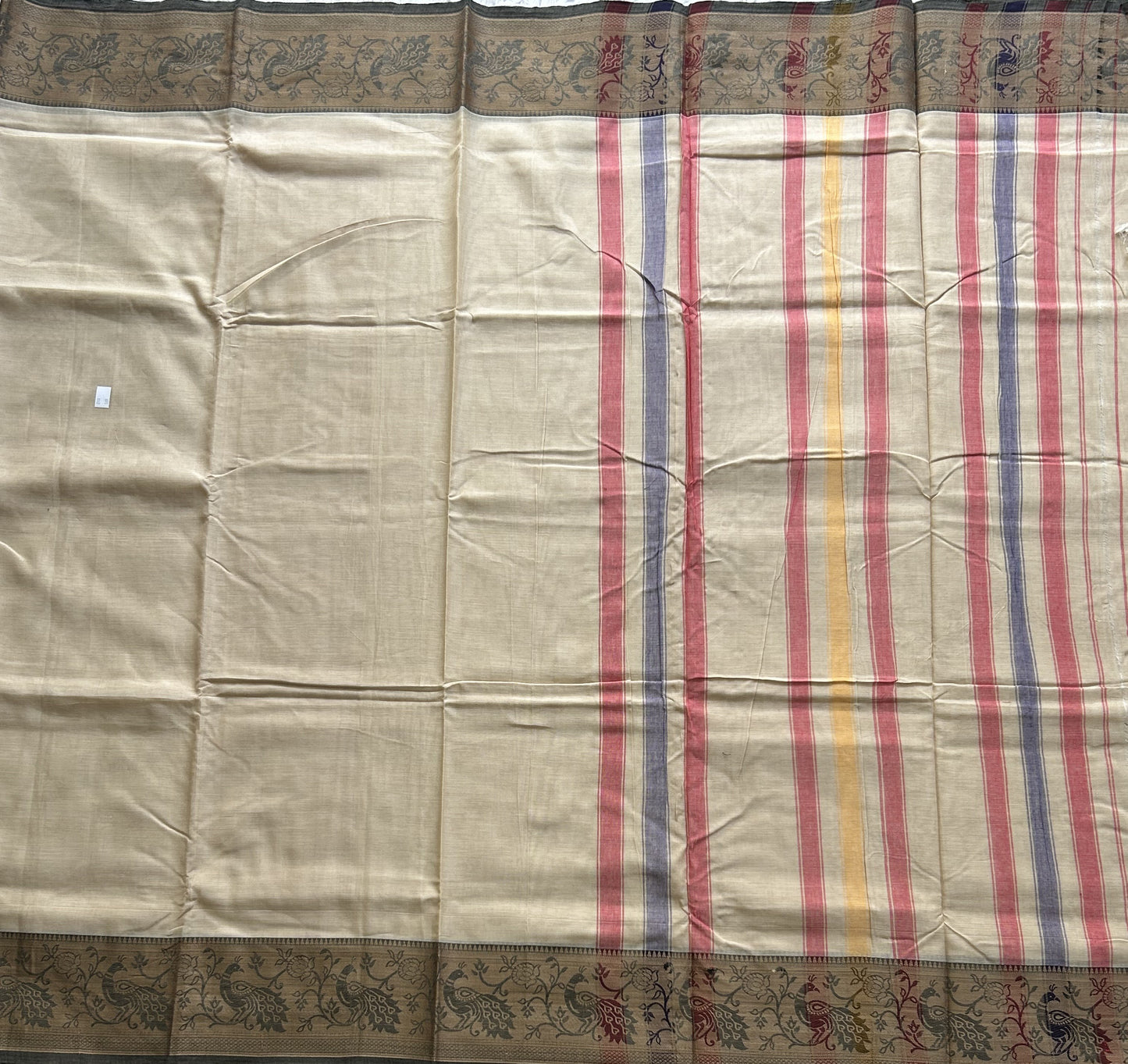 Narayanpet Cotton Saree Light Cream Colored Complemented with a Thread Border. - Sampradaya Designer Studio