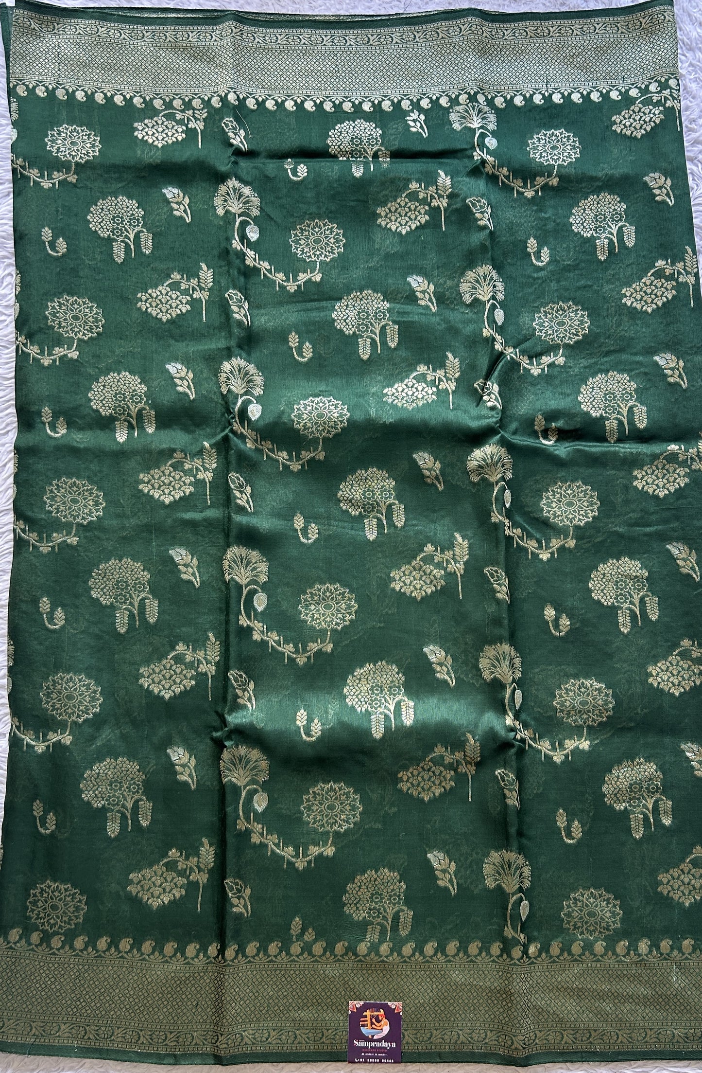 Banarasi Tussar Georgette Saree Green Colored Exquisite Zari Border. - Sampradaya Designer Studio