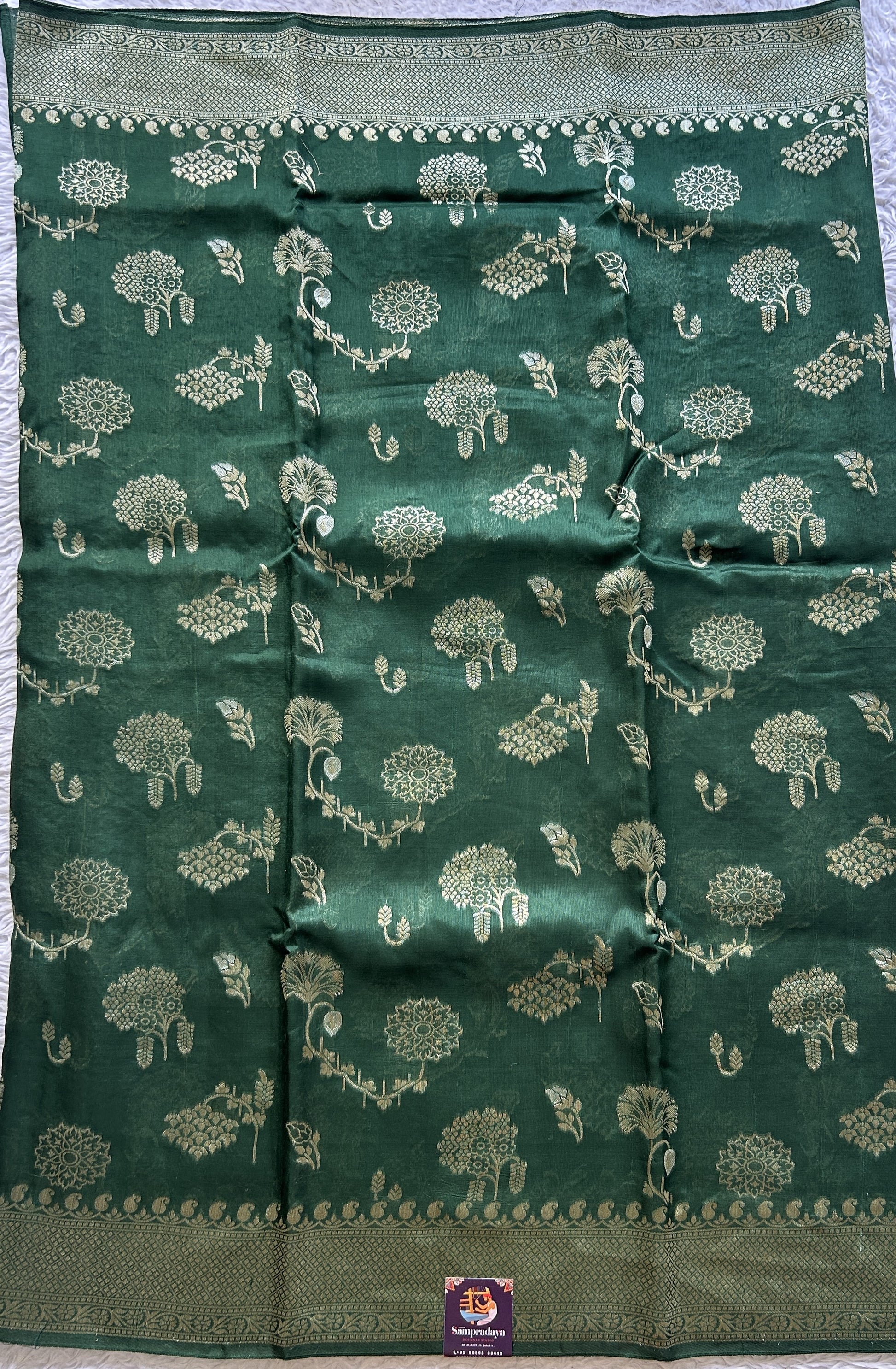 Banarasi Tussar Georgette Saree Green Colored Exquisite Zari Border. - Sampradaya Designer Studio