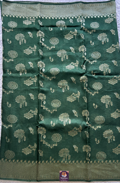 Banarasi Tussar Georgette Saree Green Colored Exquisite Zari Border. - Sampradaya Designer Studio