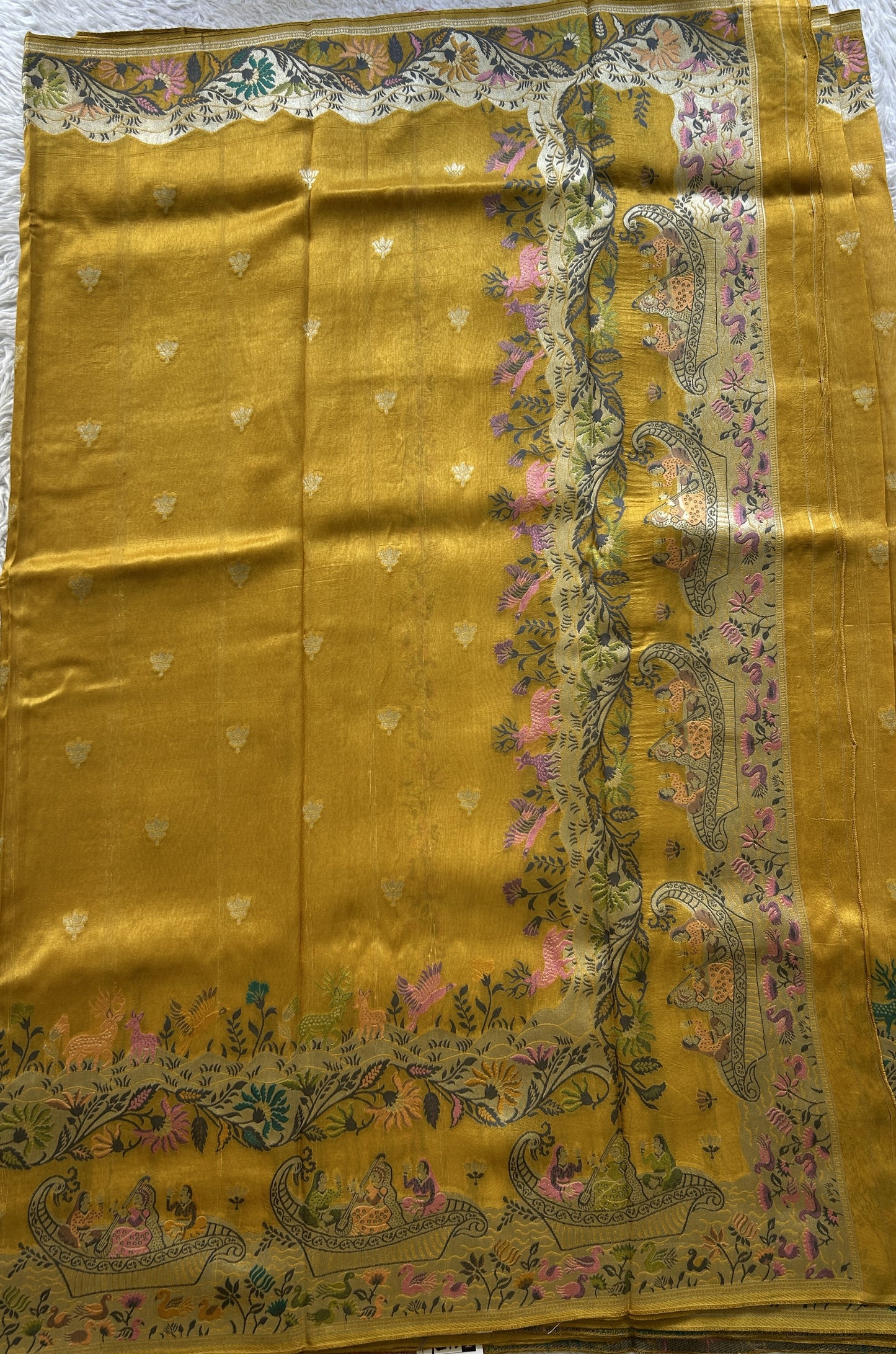 Banarasi Tussar Georgette Saree Yellow Colored Exquisite Zari Border. - Sampradaya Designer Studio
