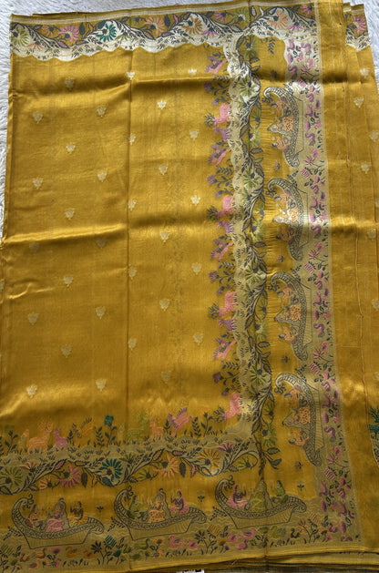 Banarasi Tussar Georgette Saree Yellow Colored Exquisite Zari Border. - Sampradaya Designer Studio