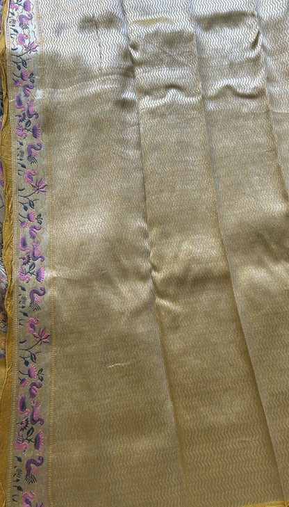 Banarasi Tussar Georgette Saree Yellow Colored Exquisite Zari Border. - Sampradaya Designer Studio