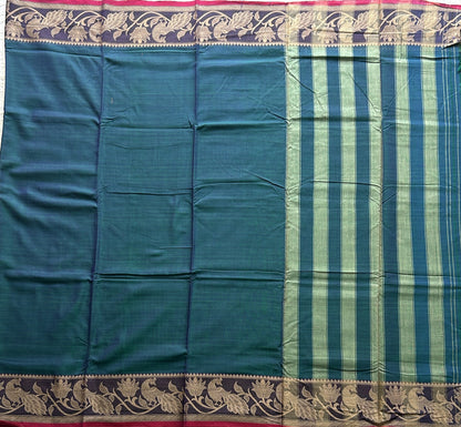 Narayanpet Cotton Saree Peacock Blue Colored Complemented with a Thread Border. - Sampradaya Designer Studio