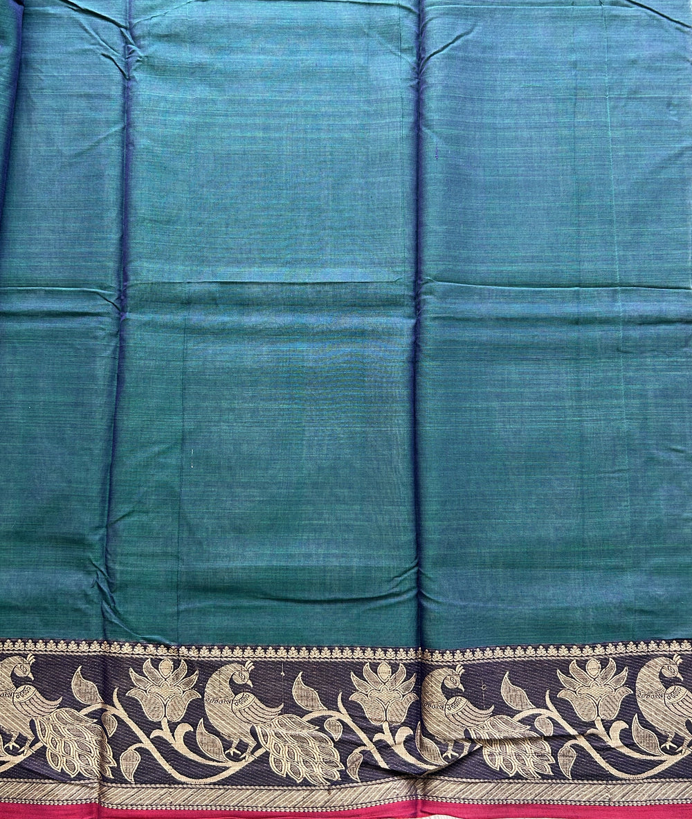 Narayanpet Cotton Saree Peacock Blue Colored Complemented with a Thread Border. - Sampradaya Designer Studio