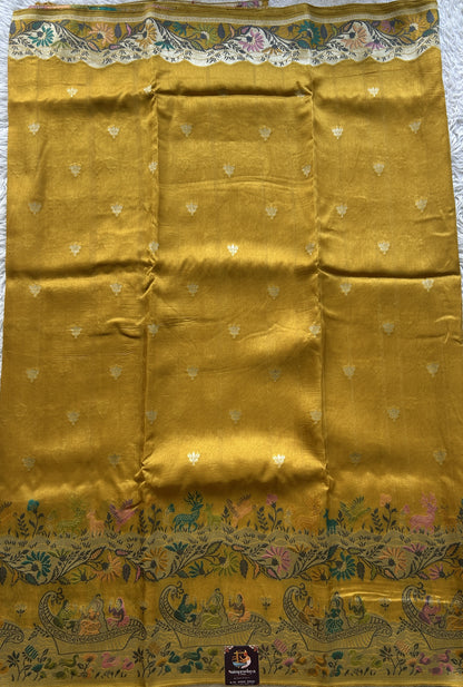 Banarasi Tussar Georgette Saree Yellow Colored Exquisite Zari Border. - Sampradaya Designer Studio