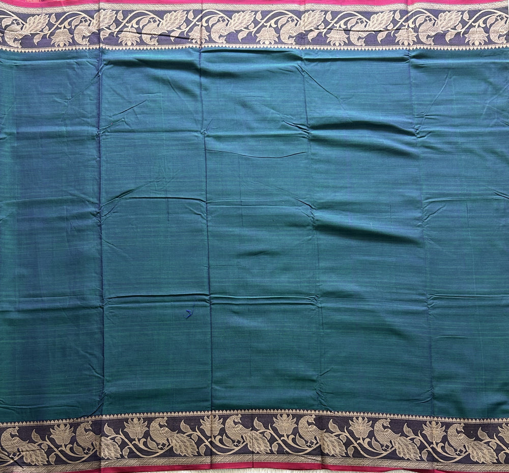 Narayanpet Cotton Saree Peacock Blue Colored Complemented with a Thread Border. - Sampradaya Designer Studio