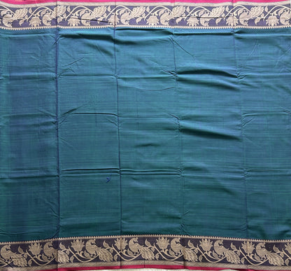 Narayanpet Cotton Saree Peacock Blue Colored Complemented with a Thread Border. - Sampradaya Designer Studio