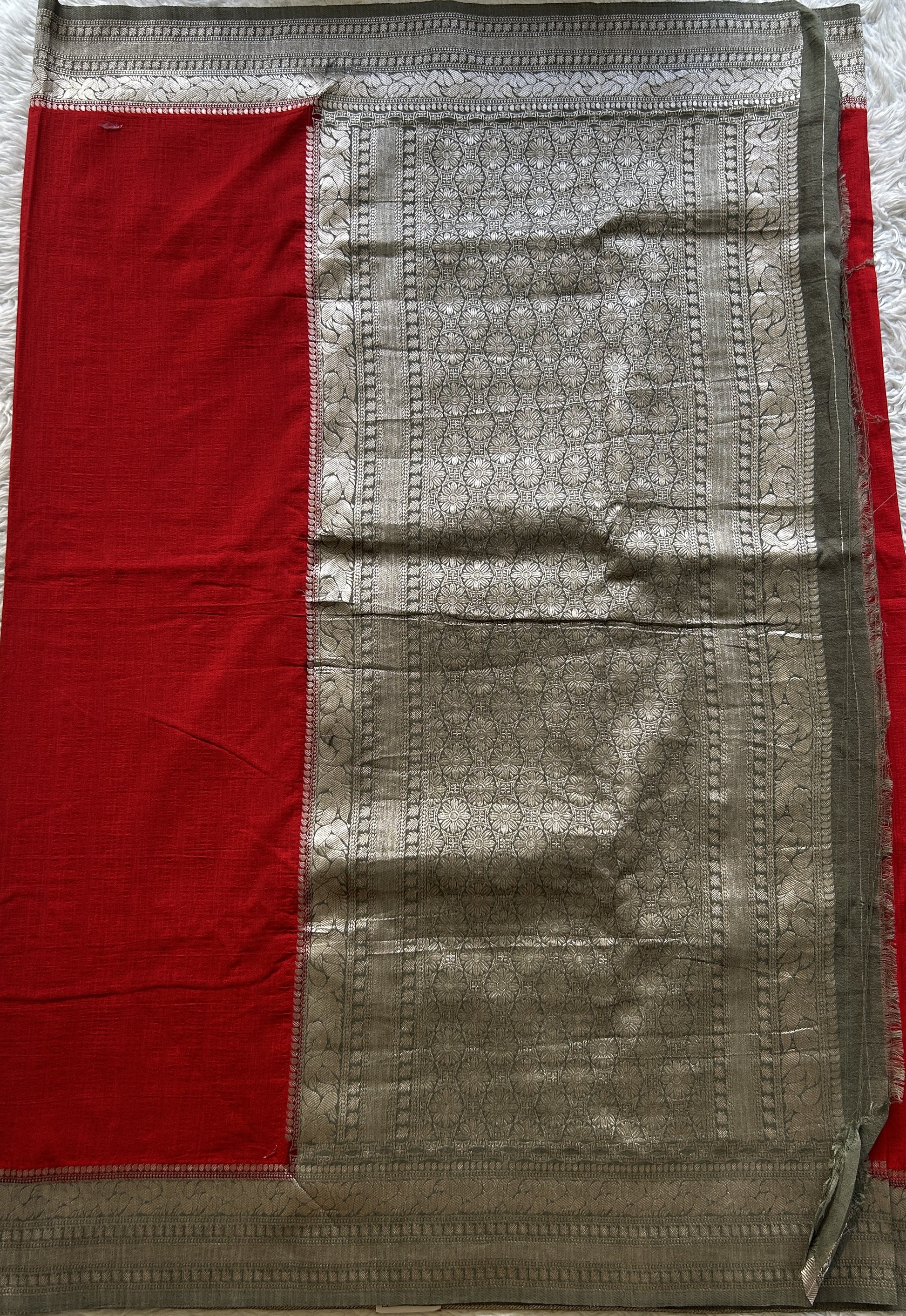 Semi Georgette Plain Saree Red Colored Complemented with a Zari Border. - Sampradaya Designer Studio