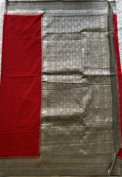 Semi Georgette Plain Saree Red Colored Complemented with a Zari Border. - Sampradaya Designer Studio