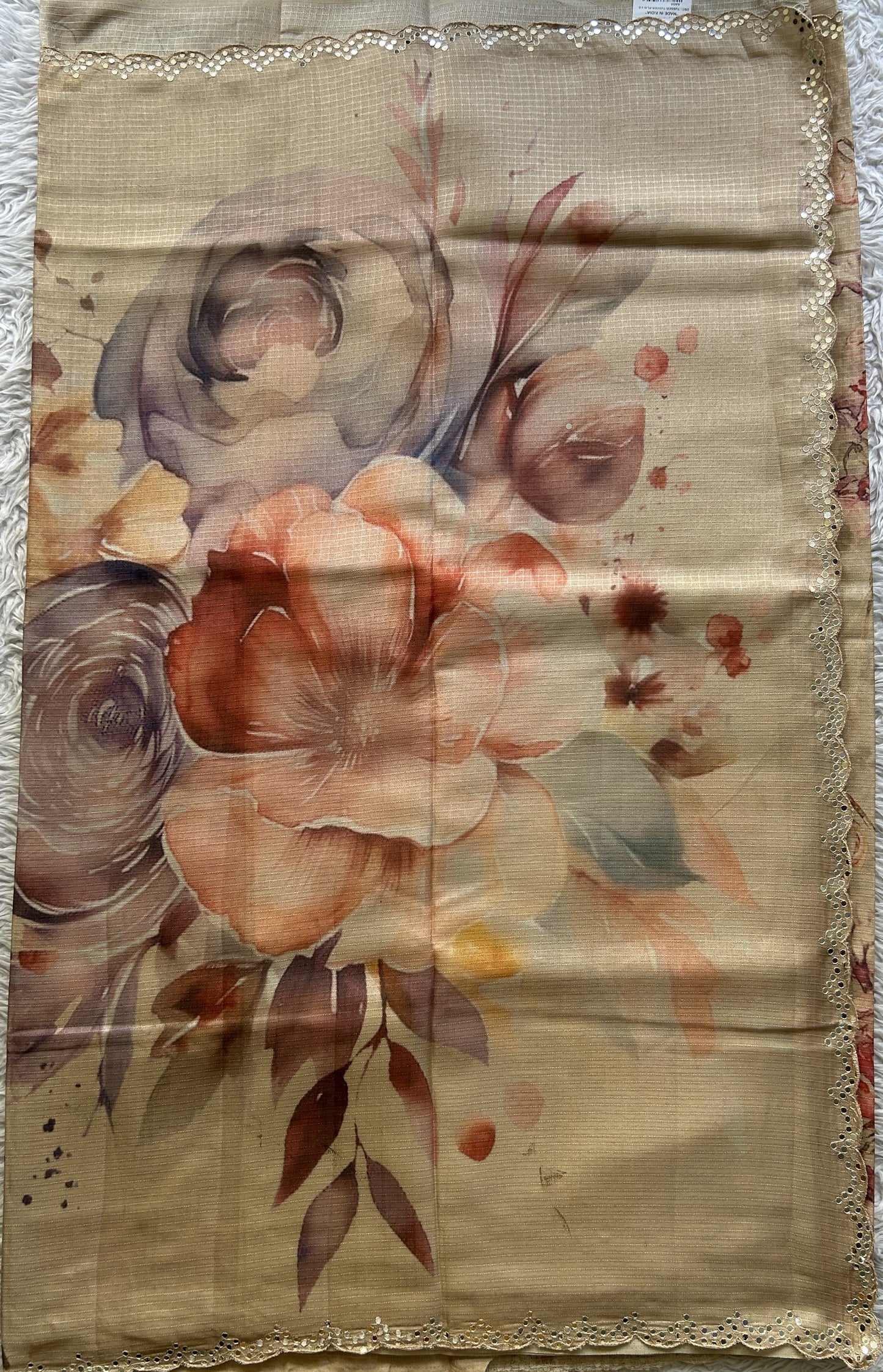 Semi Tussar Saree Pastel Cream Colored Elegantly Paired with a Mirror Work Border. - Sampradaya Designer Studio