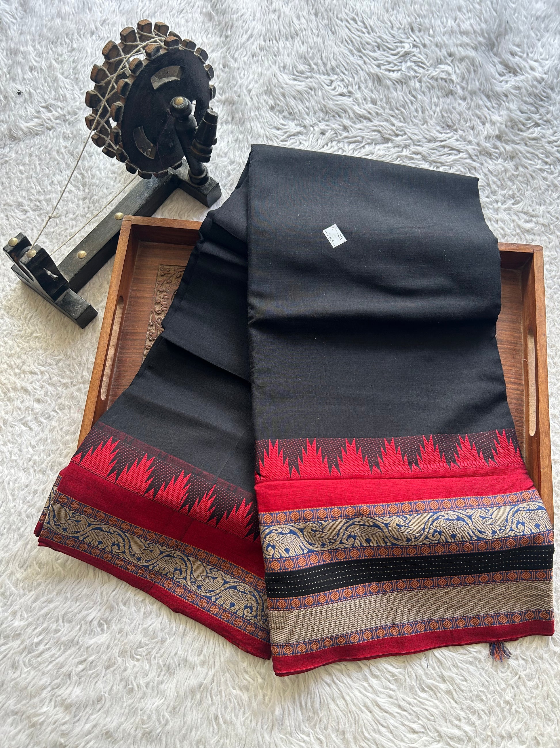 Narayanpet Cotton Saree Jade Black Colored Complemented with a Thread Border. - Sampradaya Designer Studio