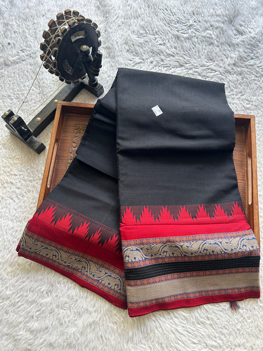 Narayanpet Cotton Saree Jade Black Colored Complemented with a Thread Border.