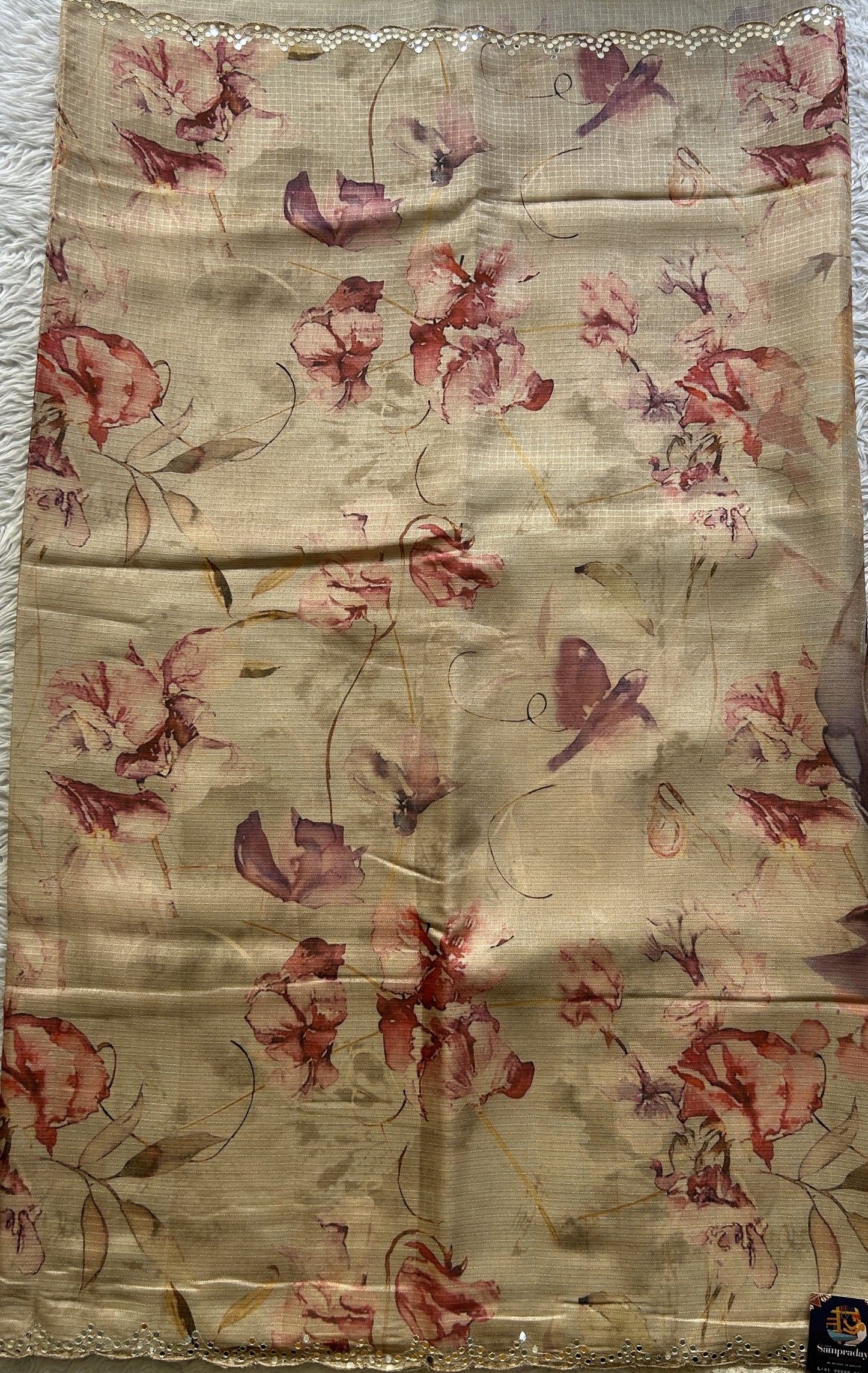 Semi Tussar Saree Pastel Cream Colored Elegantly Paired with a Mirror Work Border. - Sampradaya Designer Studio