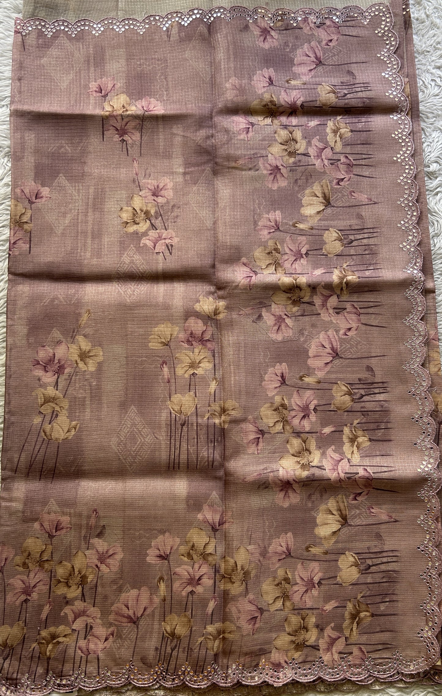 Semi Tussar Saree Lavender Colored Elegantly Paired with a Mirror Work Border. - Sampradaya Designer Studio