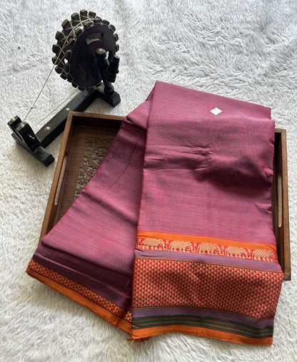 Narayanpet Cotton Saree Plum Colored Complemented with a Thread Border. - Sampradaya Designer Studio