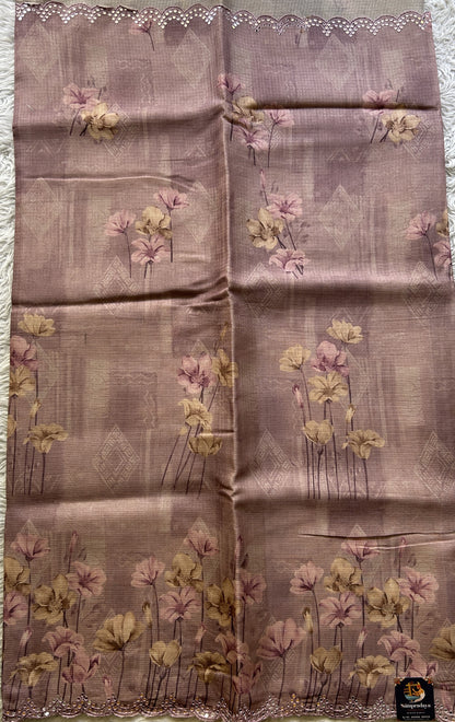 Semi Tussar Saree Lavender Colored Elegantly Paired with a Mirror Work Border. - Sampradaya Designer Studio