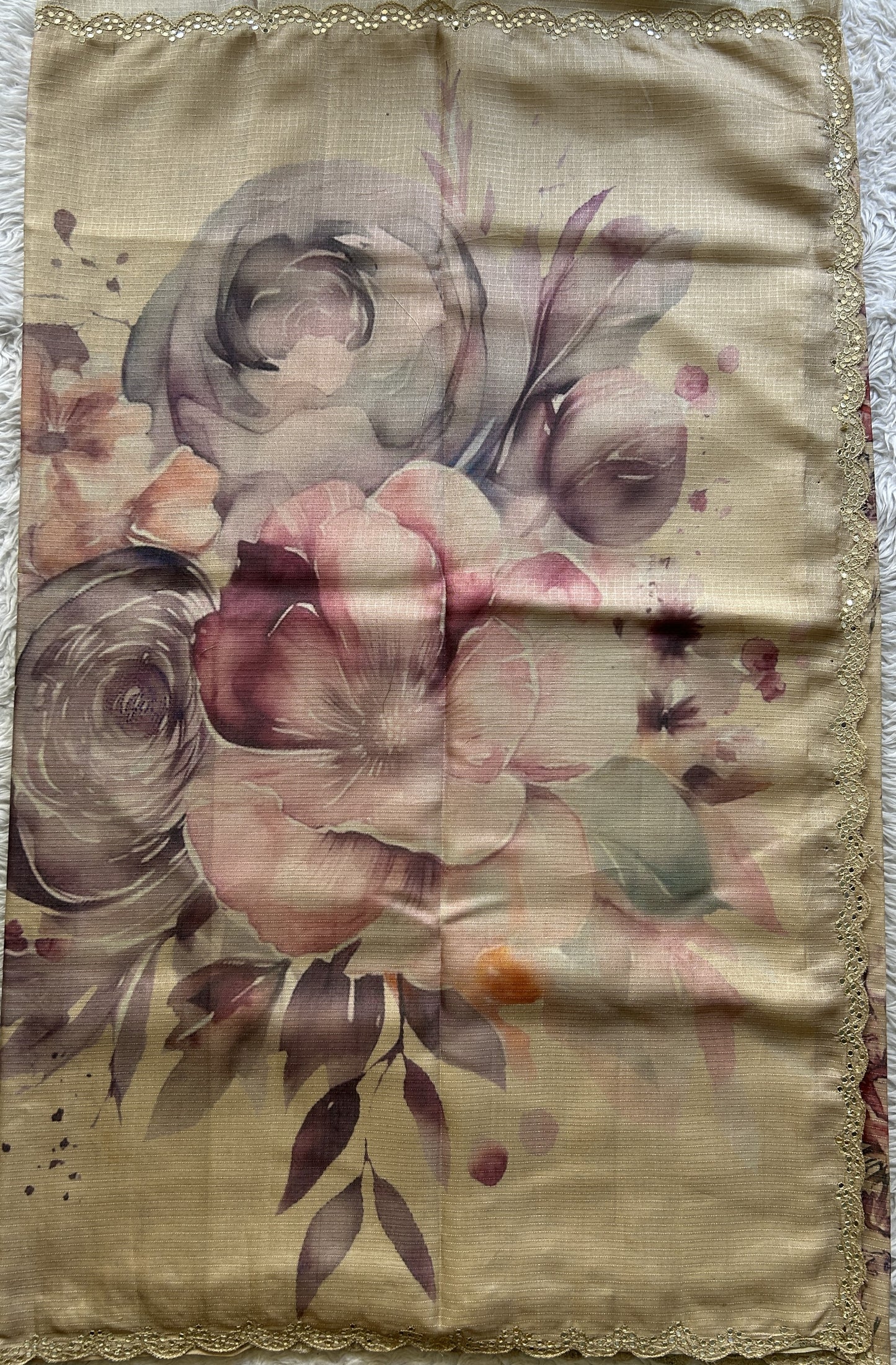 Semi Tussar Saree Cream Colored Elegantly Paired with a Mirror Work Border. - Sampradaya Designer Studio