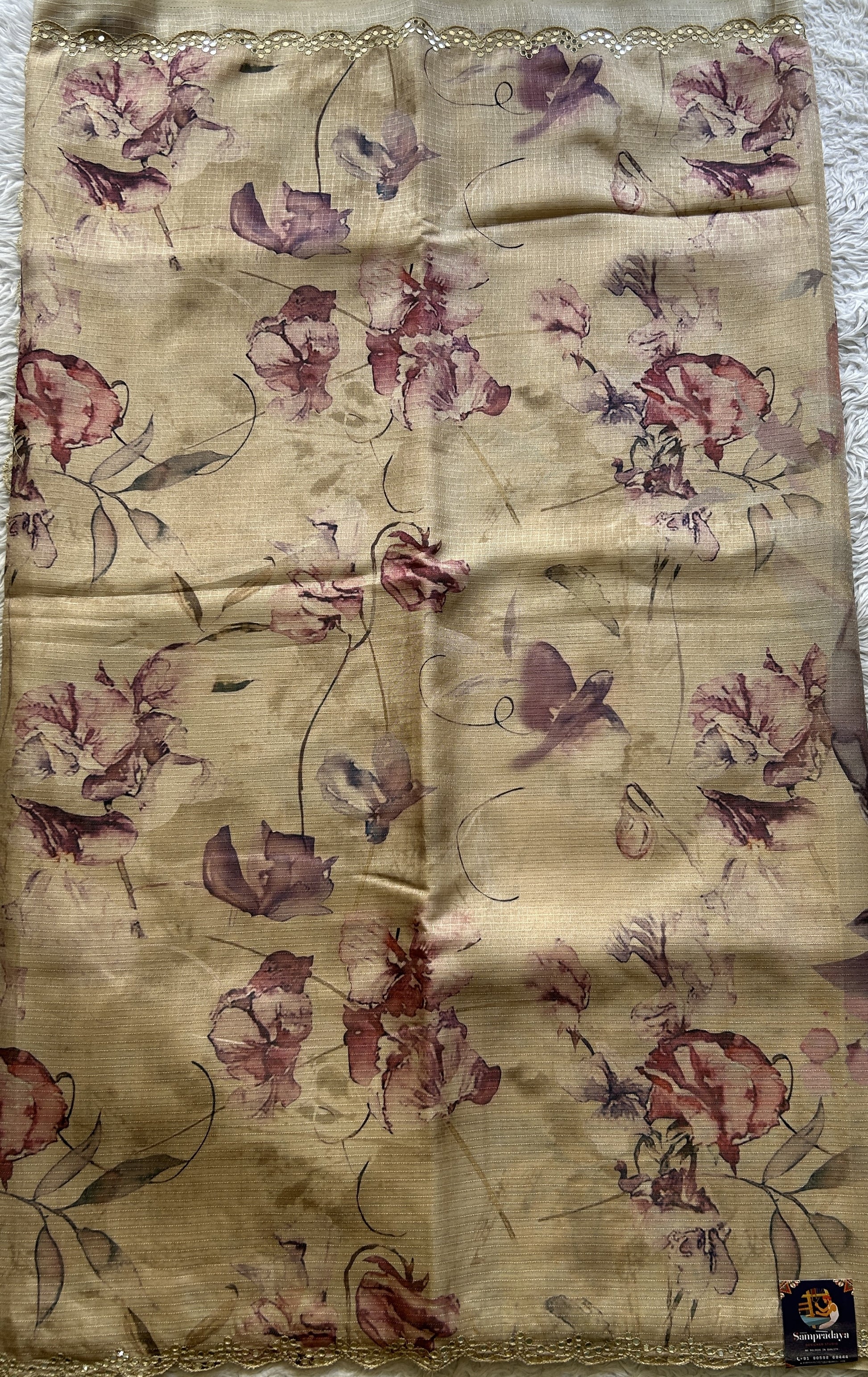 Semi Tussar Saree Cream Colored Elegantly Paired with a Mirror Work Border. - Sampradaya Designer Studio