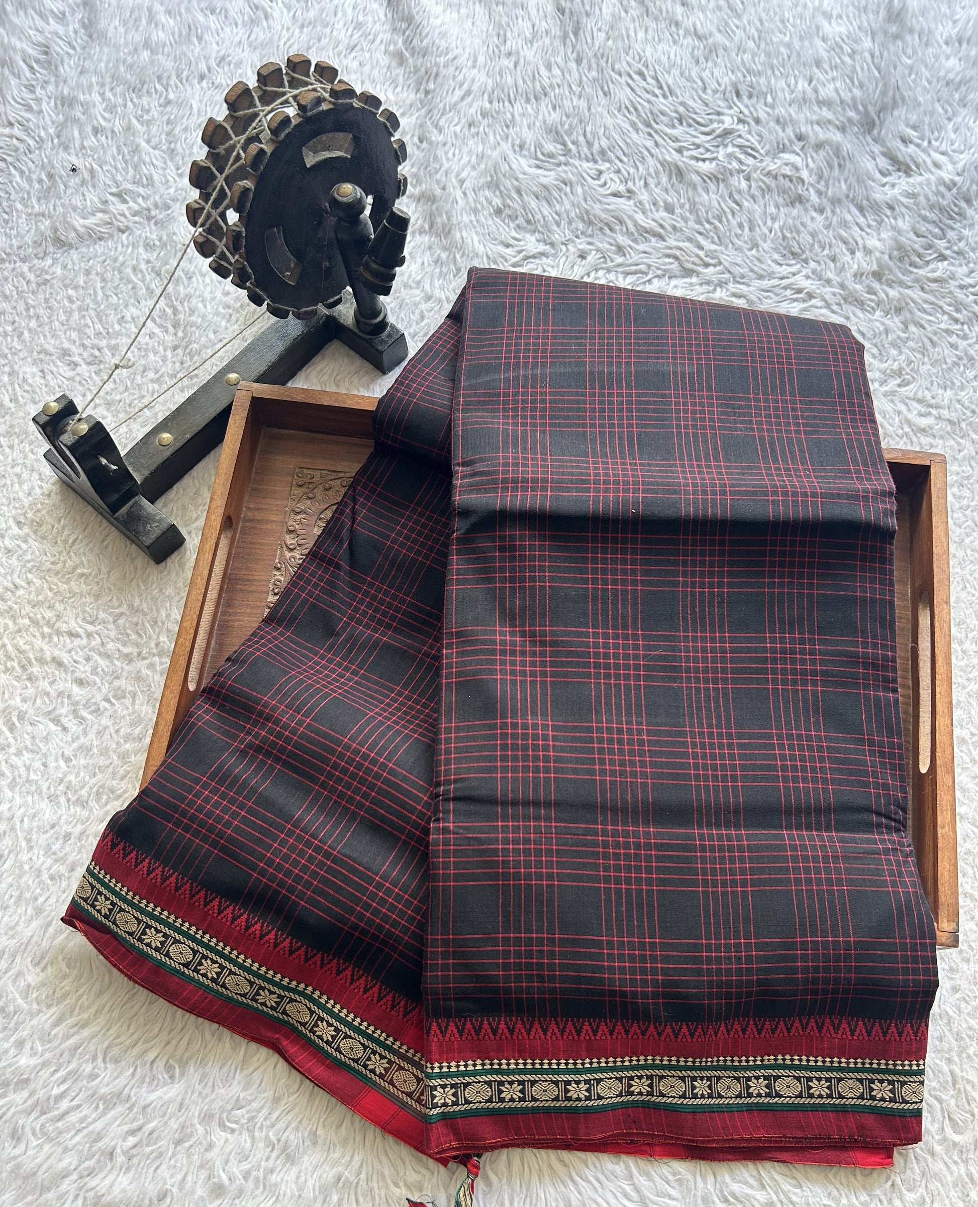 Narayanpet Cotton Checks Saree Jek Black Colored Complemented with a Thread Border. - Sampradaya Designer Studio