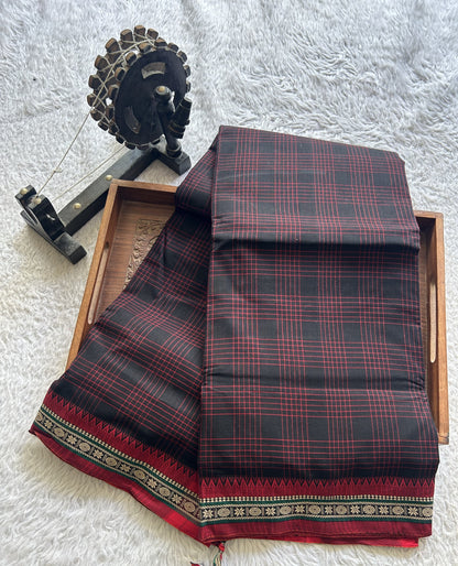 Narayanpet Cotton Checks Saree Jek Black Colored Complemented with a Thread Border. - Sampradaya Designer Studio