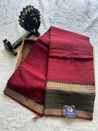 Narayanpet Cotton Saree Dark Maroon Colored Complemented with a Thread Border. - Sampradaya Designer Studio