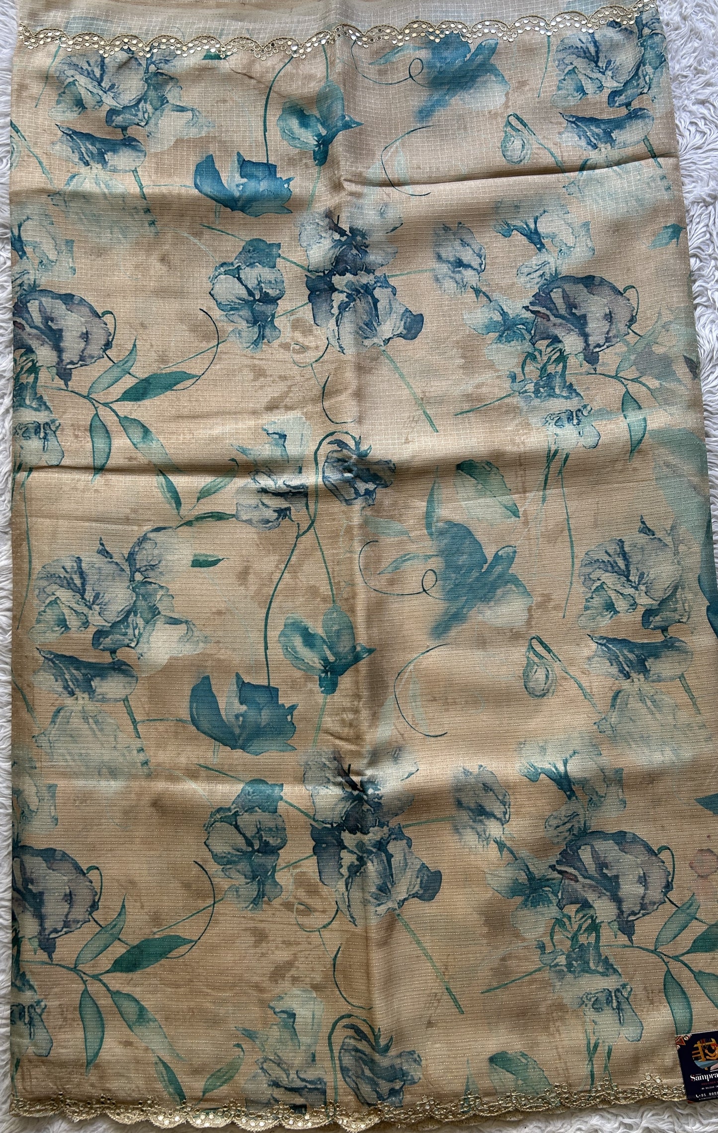 Semi Tussar Saree Beige Colored Elegantly Paired with a Mirror Work Border. - Sampradaya Designer Studio