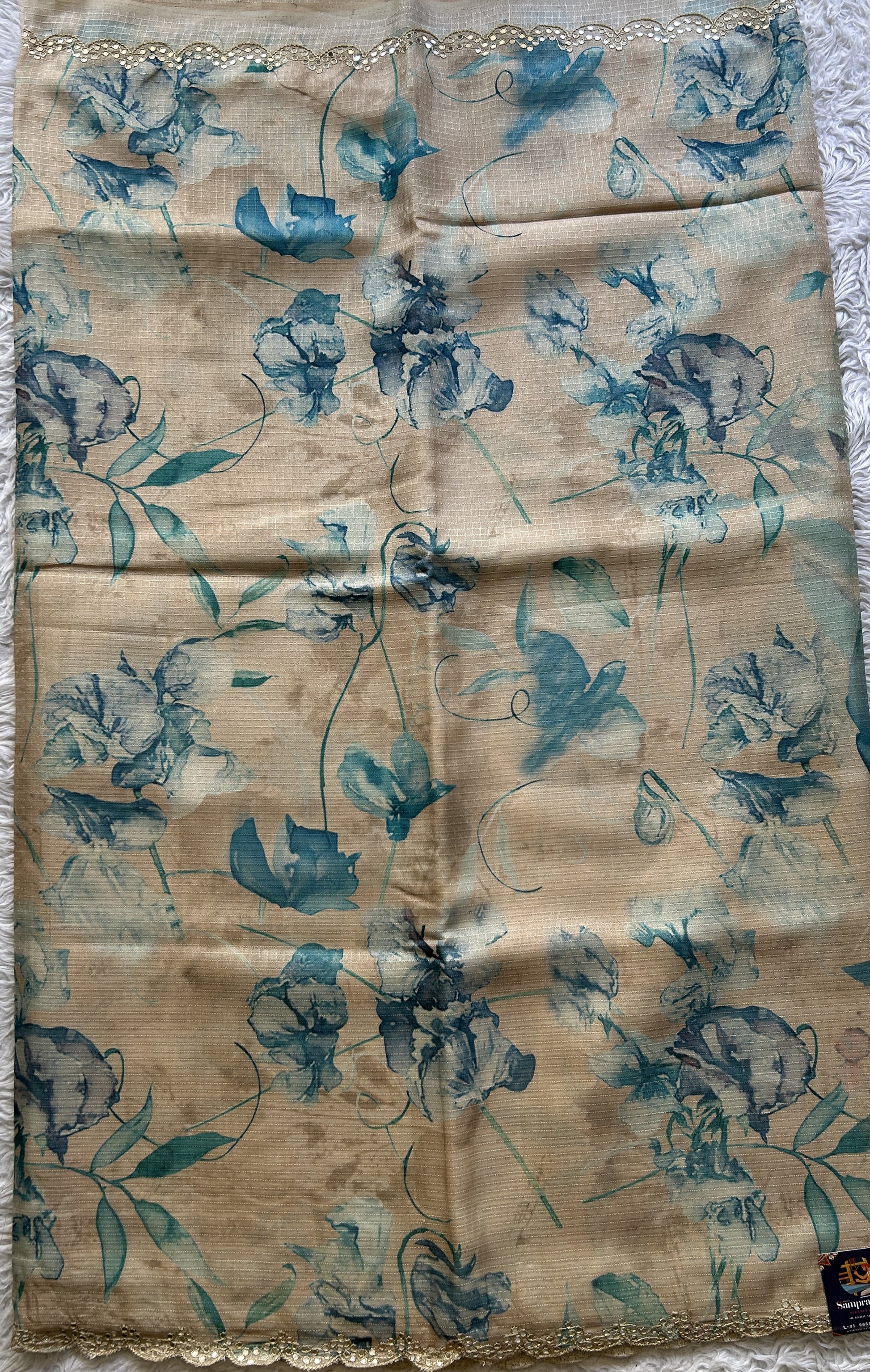 Semi Tussar Saree Beige Colored Elegantly Paired with a Mirror Work Border. - Sampradaya Designer Studio