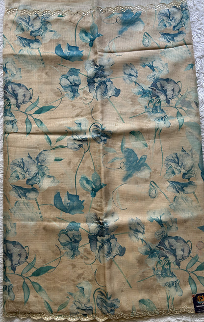 Semi Tussar Saree Beige Colored Elegantly Paired with a Mirror Work Border. - Sampradaya Designer Studio
