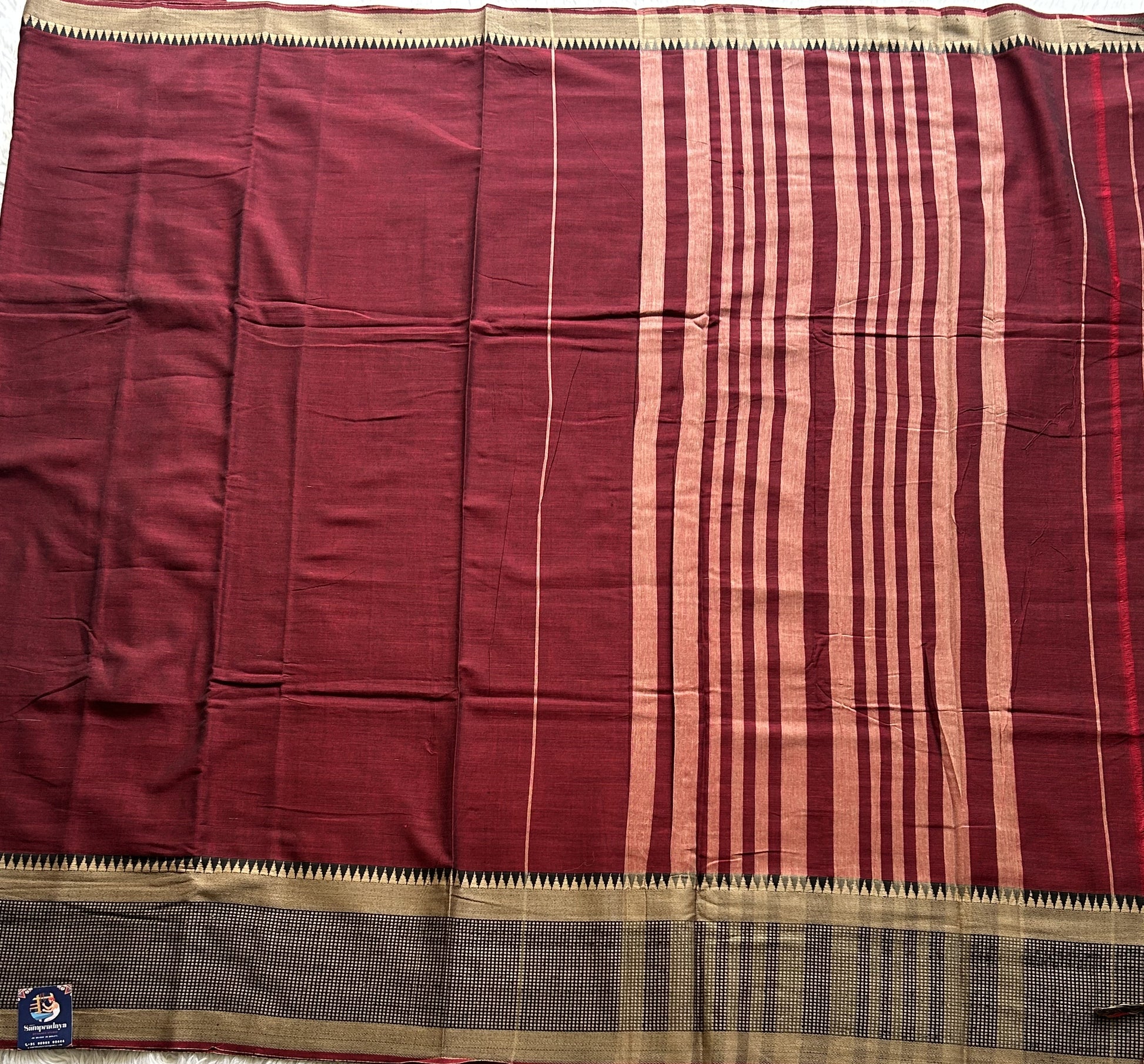 Narayanpet Cotton Saree Dark Maroon Colored Complemented with a Thread Border. - Sampradaya Designer Studio