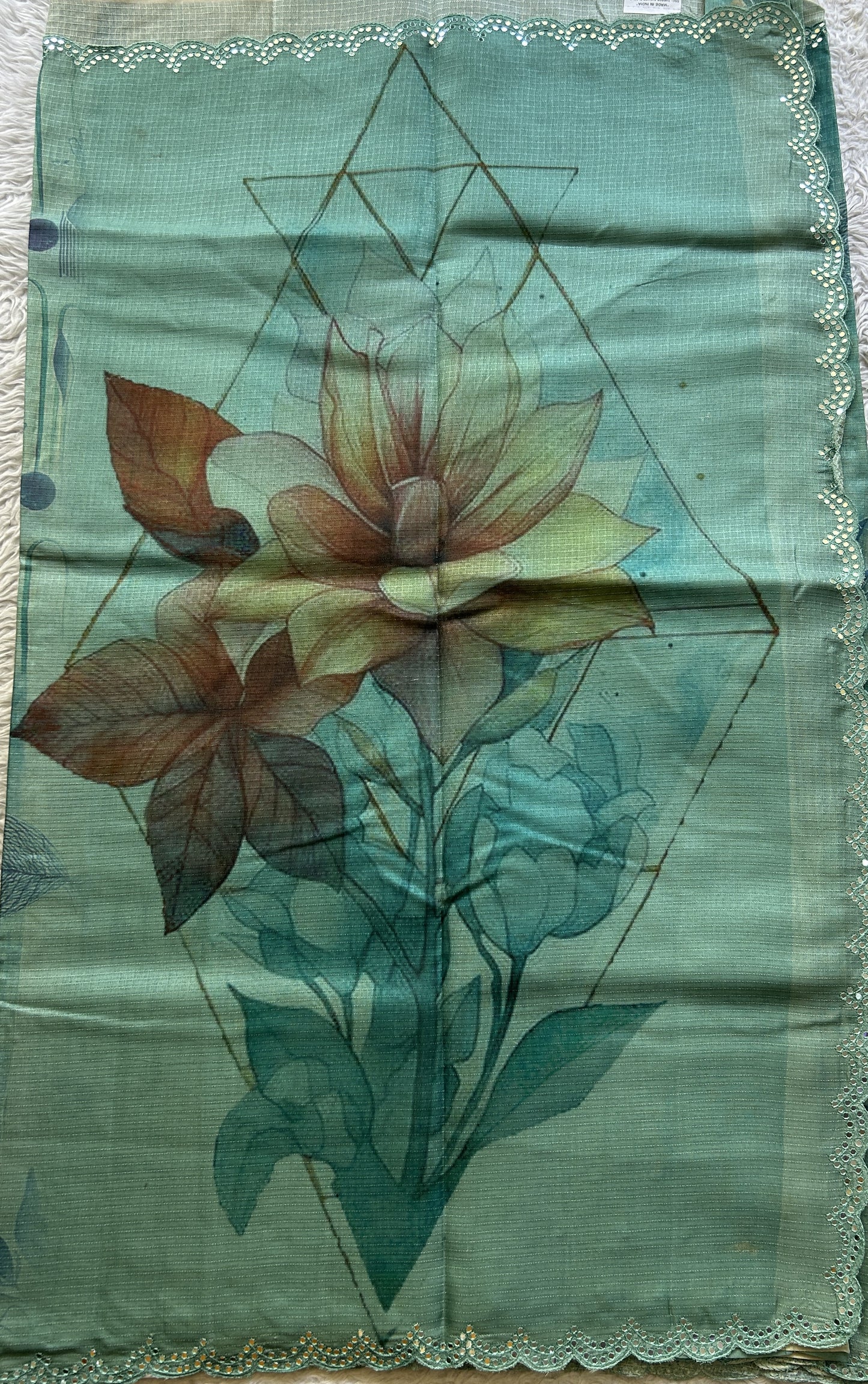 Semi Tussar Saree Aqua Green Colored Elegantly Paired with a Mirror Work Border. - Sampradaya Designer Studio