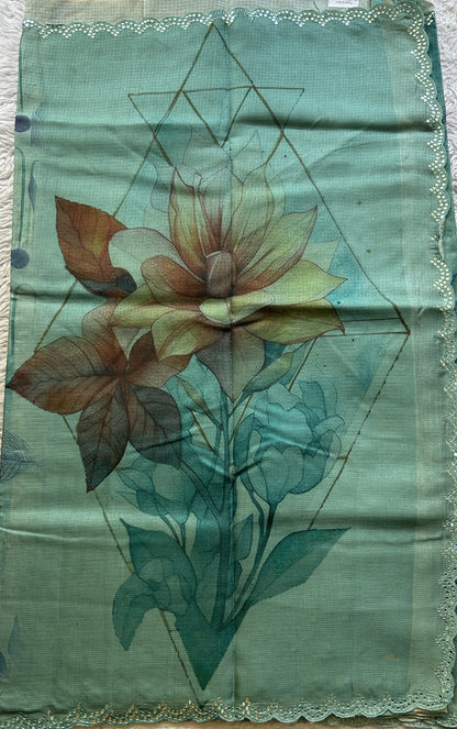 Semi Tussar Saree Aqua Green Colored Elegantly Paired with a Mirror Work Border. - Sampradaya Designer Studio