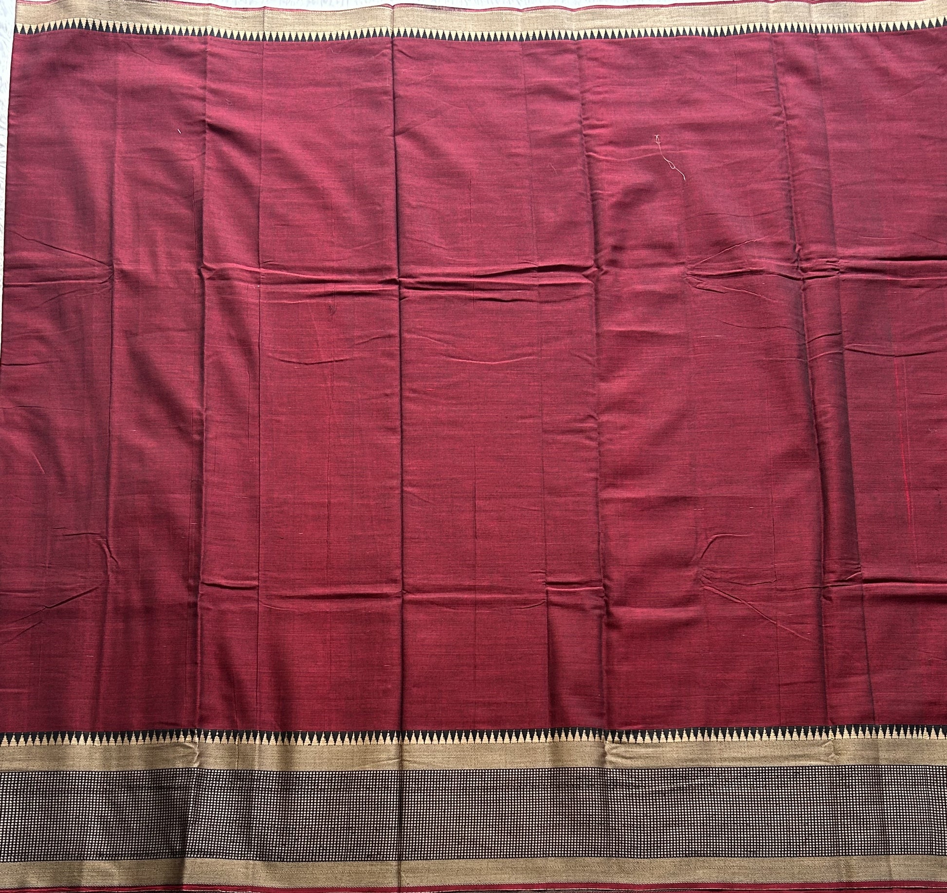 Narayanpet Cotton Saree Dark Maroon Colored Complemented with a Thread Border. - Sampradaya Designer Studio