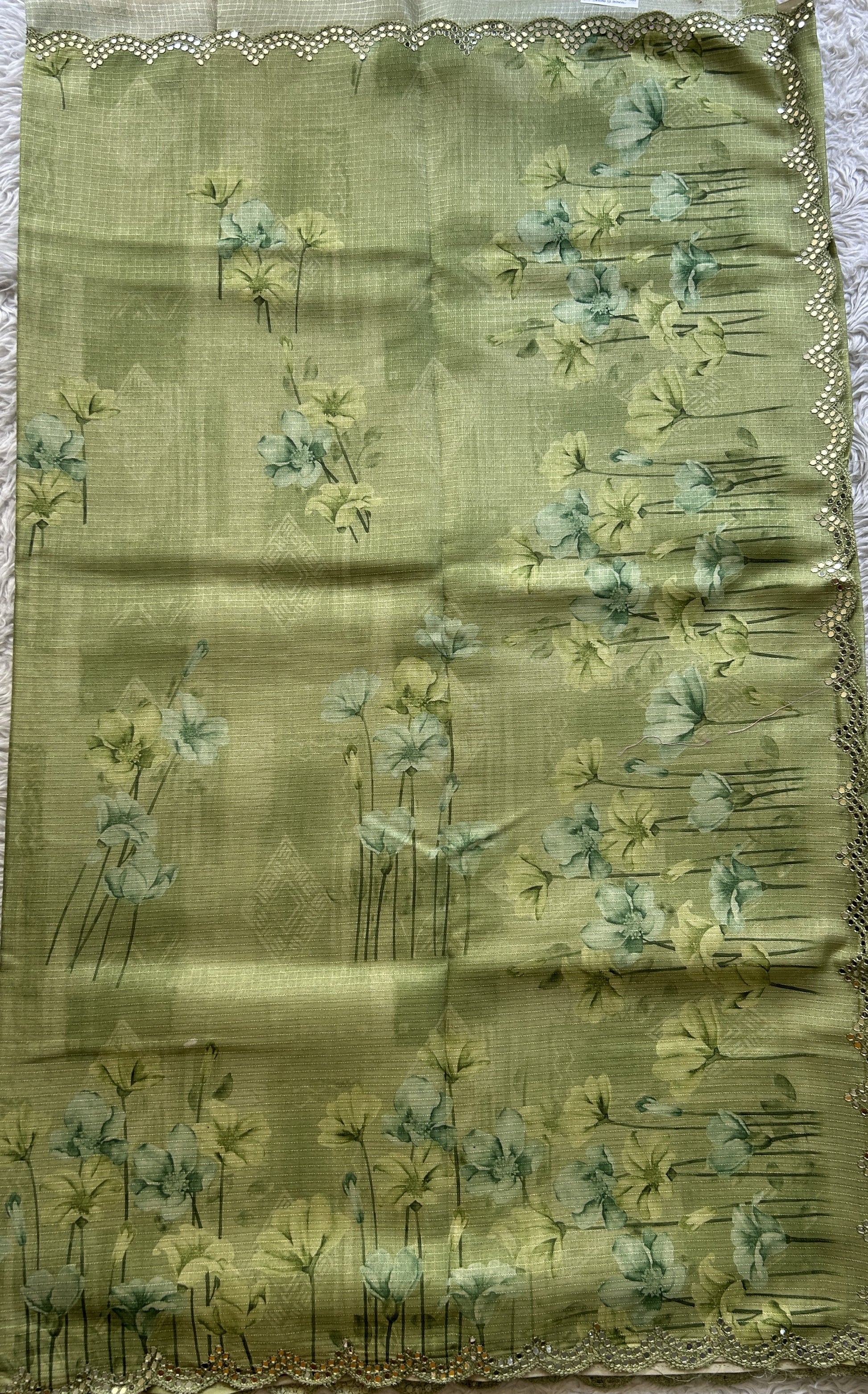 Semi Tussar Saree Parrot Green Colored Elegantly Paired with a Mirror Work Border. - Sampradaya Designer Studio